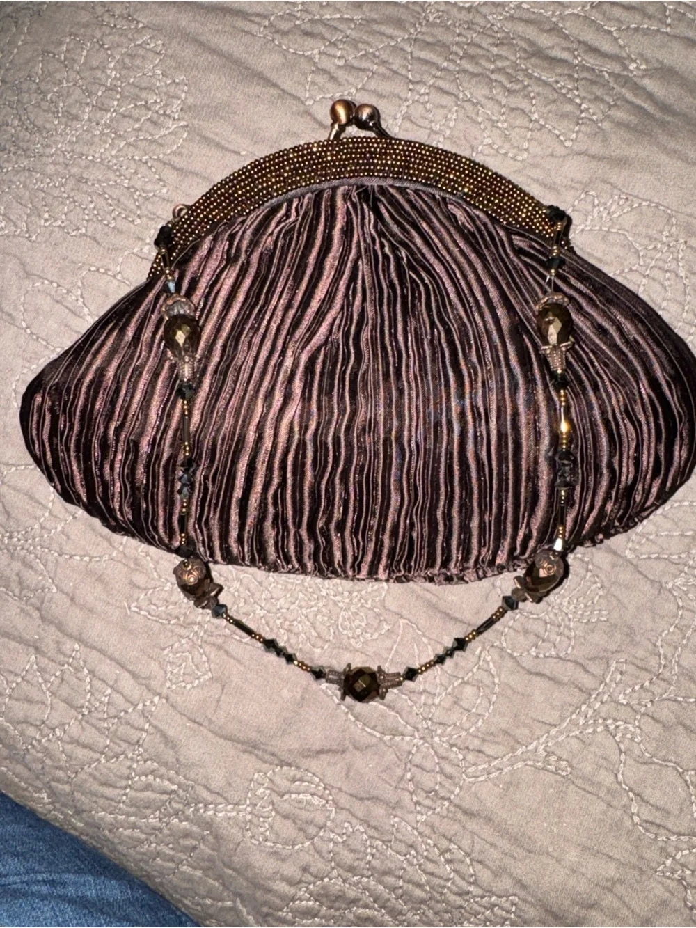 Todd Anthony Evening Pleated Satin Bag with beadwork in Dark Plum Brown